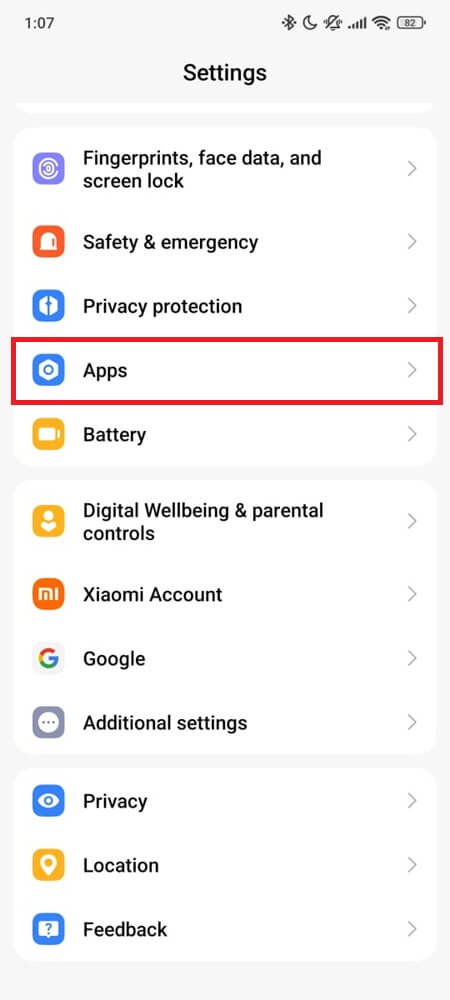 Android Settings interface showing apps highlighted Step 1