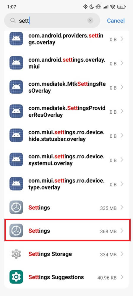 Settings > Apps list with the Settings app selected ( STEP 2)
