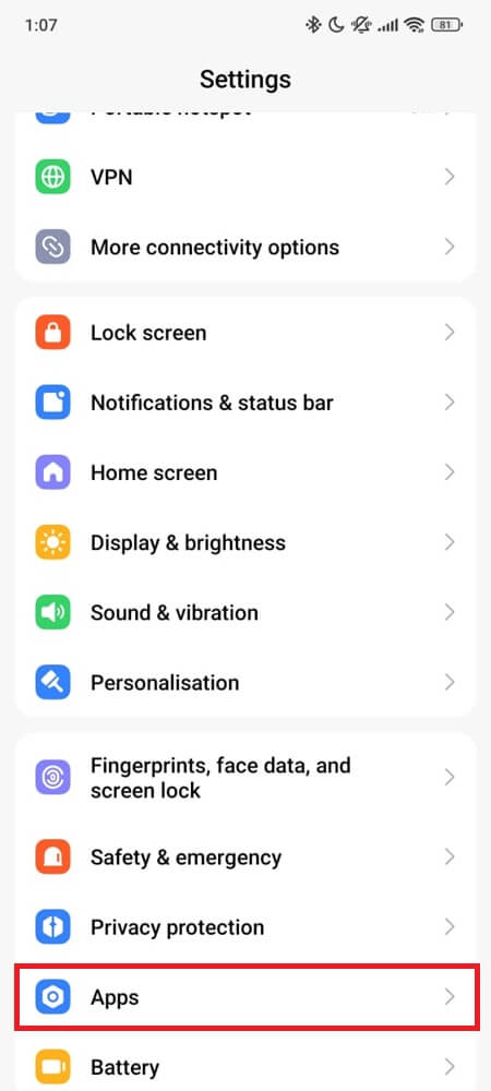 Screen of Android Settings interface showing apps highlighted (Step 1)