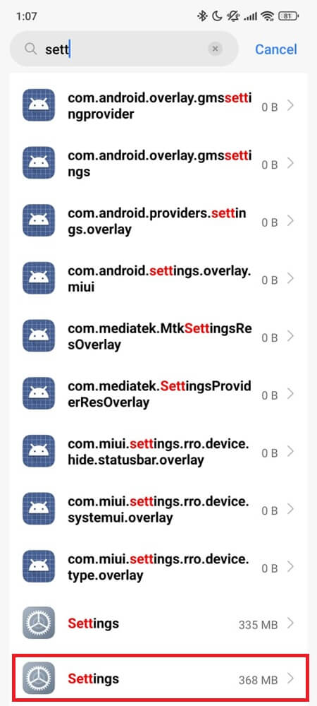 Apps list screen with the Settings app selected ( STEP 2)