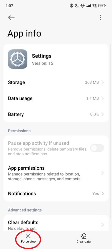 Force Stop the settings (Final step 3)