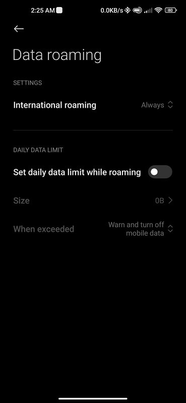 Data Roaming settings