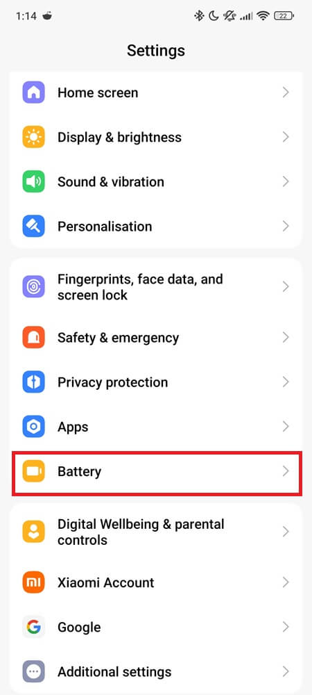 Battery under settings step 1