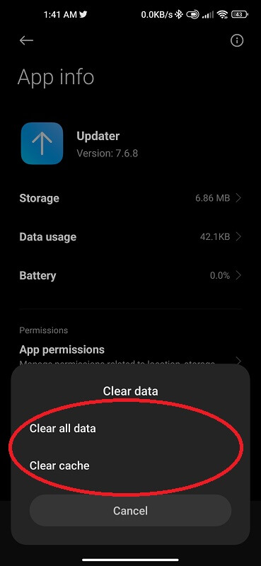 Clear cache and data for updater app