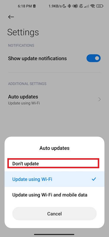 Disable automatic update