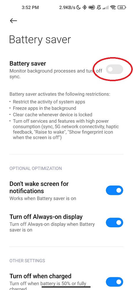 Disable battery saver mode