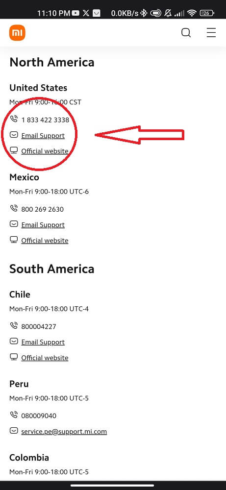 Mi support, phone number, email