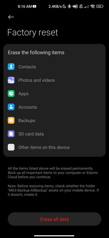 Erase all xiaomi data