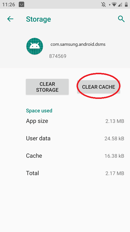 Clear cache of com samsung android dsms